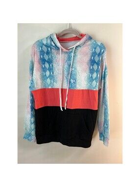 Women's Snakeskin Colorblock Hoodie Small Blue Coral Black Pullover Sweatshirt